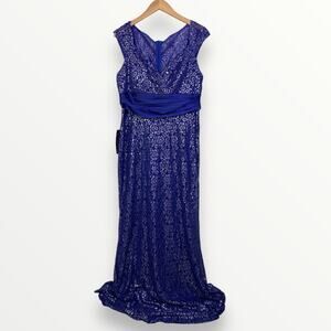 Ever Pretty Metallic Floral Lace Empire Waist Dress Women’s 12 Blue
